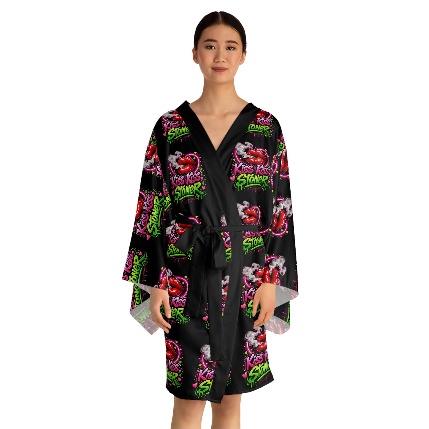 Kiss Kiss Stoner Satin Robe – Cannabis Lounge Kimono, Cozy Street Art Sleepwear