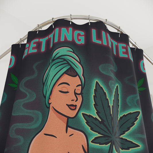 Retro Mary Jane Pin-Up Shower Curtain – “Getting Lifted While I Get Cleaned” – Cannabis Bathroom Decor