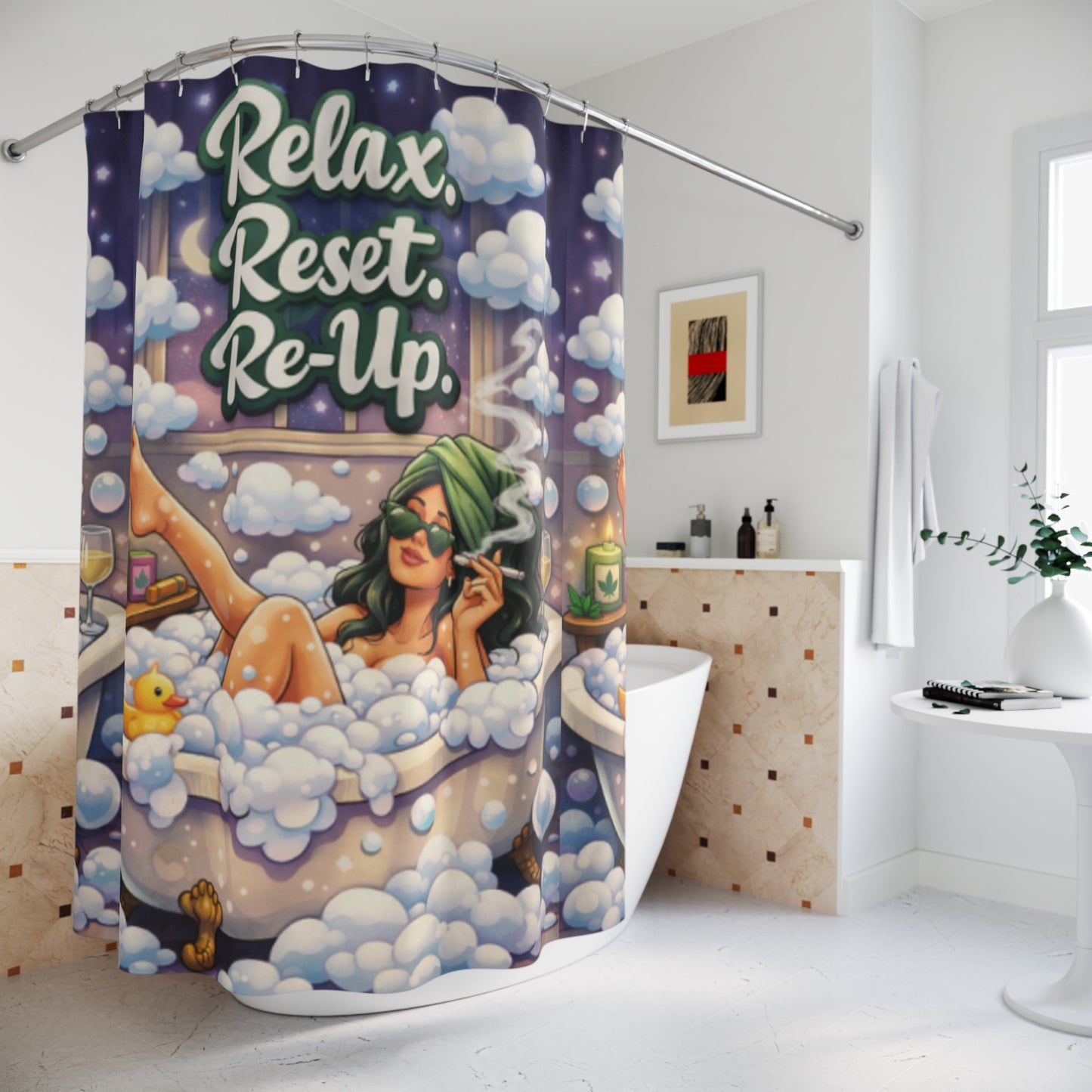 Relax Reset Re-Up Shower Curtain | Cannabis Bathroom Decor | Funny Stoner Bath Art | Mary Jane Weed Spa Curtain