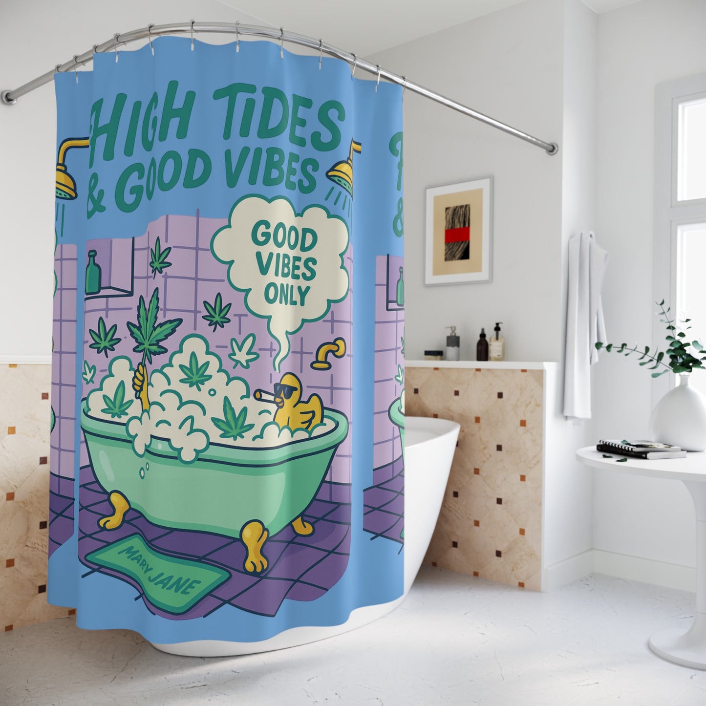 High Tides & Good Vibes Mary Jane Shower Poster | Cannabis Bathroom Decor