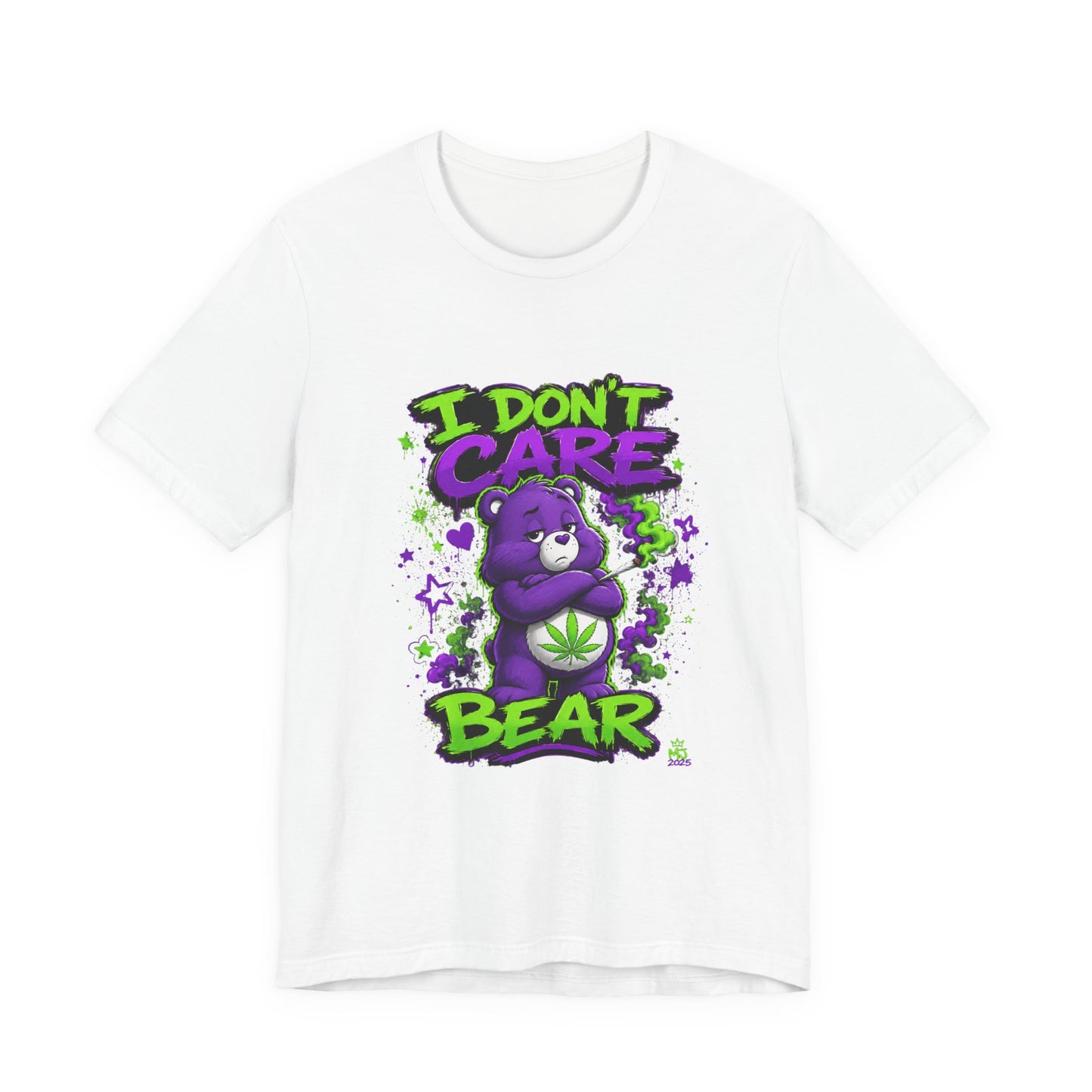 I Don't Care Bear Cannabis Graphic T-Shirt | Funny 420 Streetwear Tee | Purple Neon Stoner Shirt