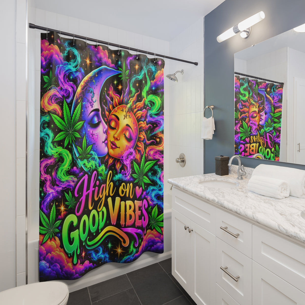 Shower Curtain — 'High on Good Vibes' Psychedelic Sun & Moon Cannabis Design Printify