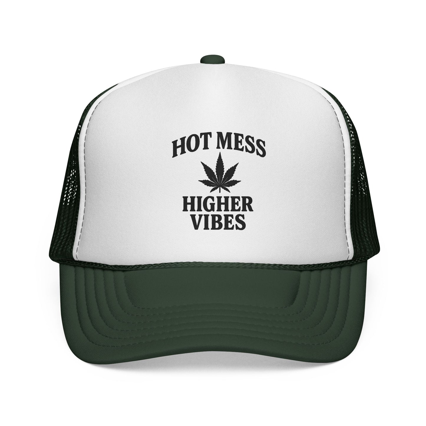 Hot Mess Higher Vibes Trucker Hat | Funny Stoner Mesh Cap | Cannabis Leaf Snapback | 420 Gift for Her & Him