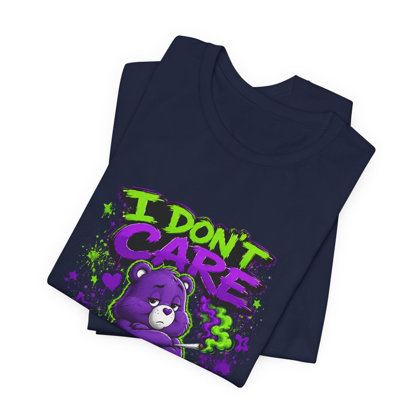 I Don't Care Bear Cannabis Graphic T-Shirt | Funny 420 Streetwear Tee | Purple Neon Stoner Shirt