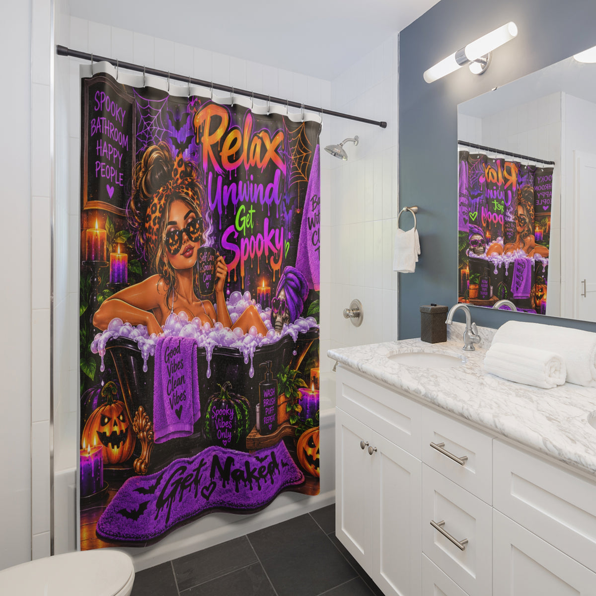 Spooky Self Care Halloween Shower Curtain – Purple & Orange Bathroom Decor Printify