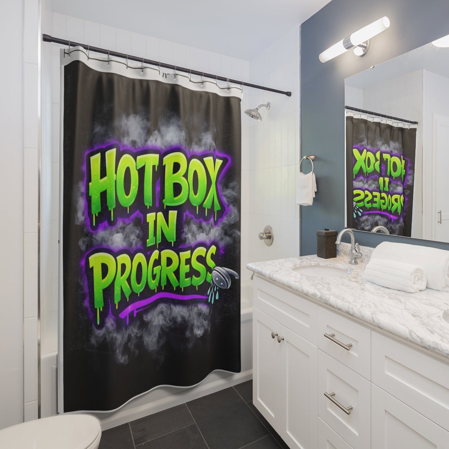 Hot Box In Progress Shower Curtain – Funny Bathroom Decor, Stoner Home Vibes, Bold Graffiti Bath Curtain, Unique Gift Idea