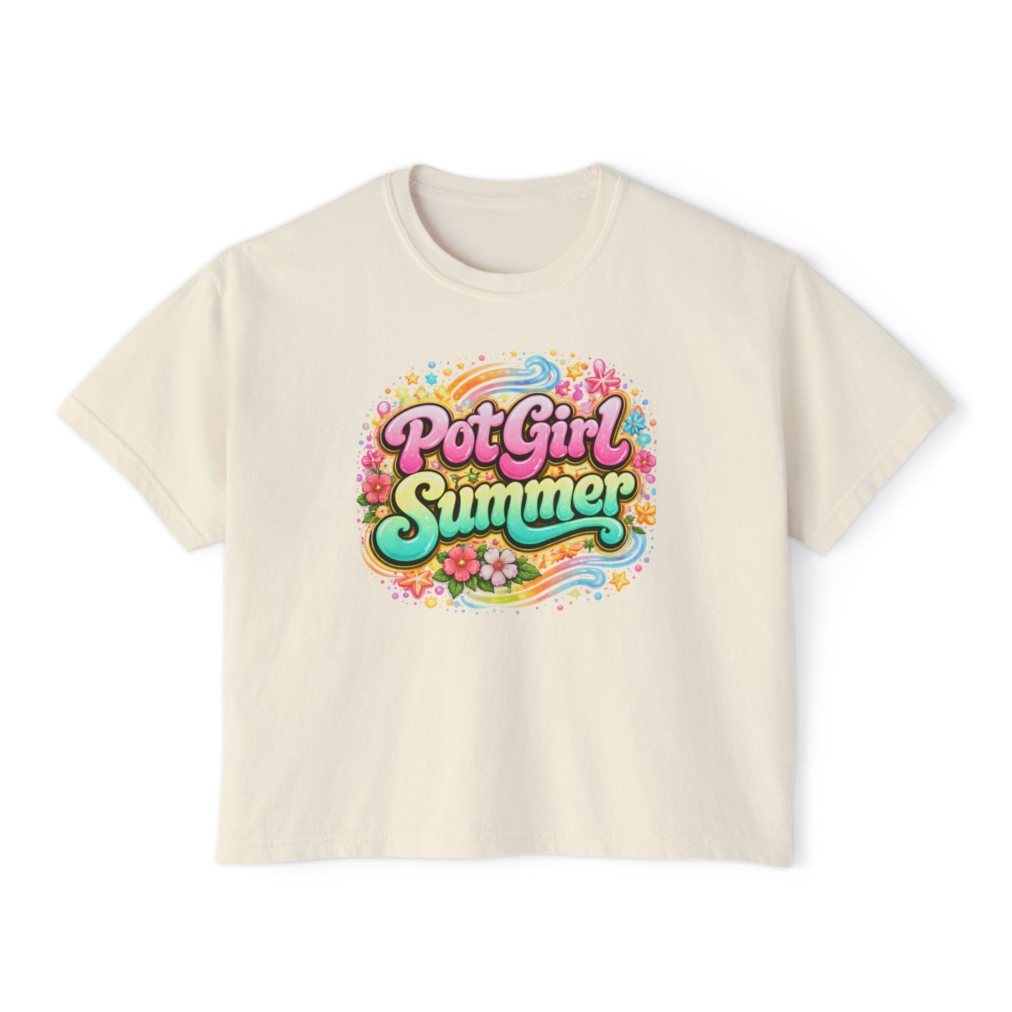 Pot Girl Summer Boxy Tee – Trendy Cannabis Summer Graphic Shirt, Festival Weed Apparel, Stoner Girl Streetwear Crop Tee