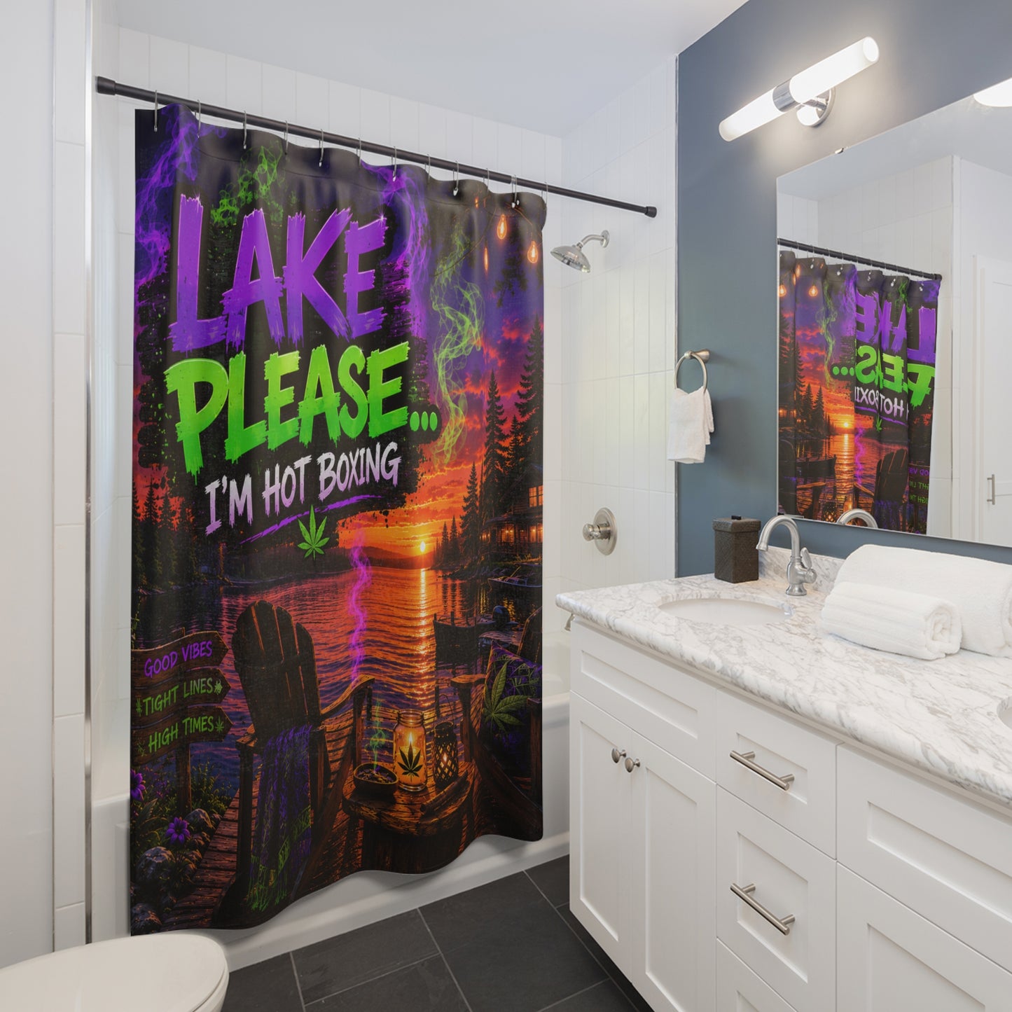 Lake Please Shower Curtain — 'Lake Please... I'm Hot Boxing' Sunset Cabin Cannabis Shower Curtain