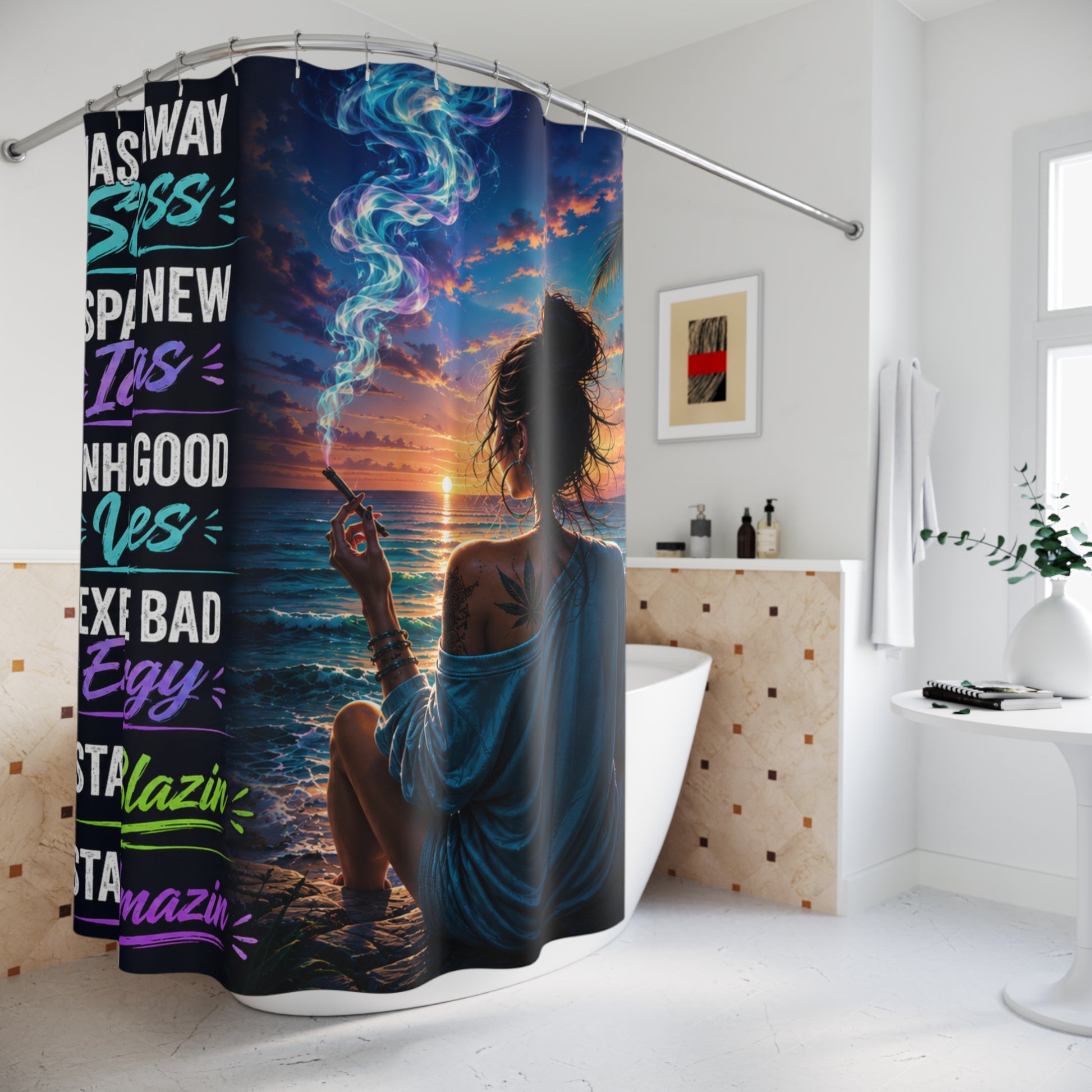 Ocean Sunset Shower Curtain with Motivational Quotes | Coastal Bathroom Decor | Beach Vibes Bath Curtain | Relaxation Gift Printify