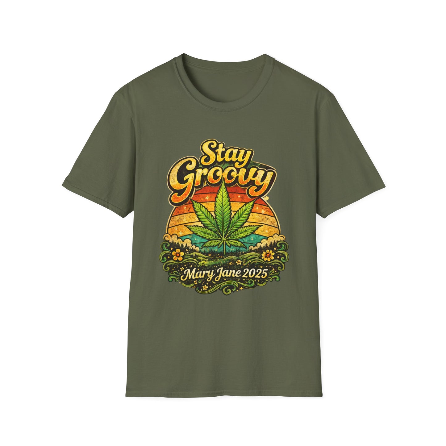 Stay Groovy Retro Cannabis T-Shirt – Vintage 70s Psychedelic Weed Sunset Graphic Tee – Mary Jane 2025 Unisex Shirt