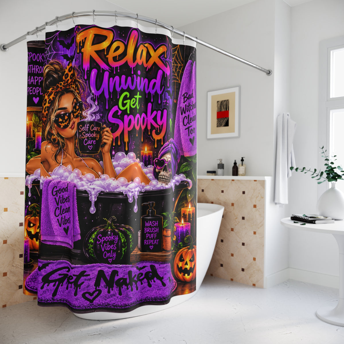 Spooky Self Care Halloween Shower Curtain – Purple & Orange Bathroom Decor Printify