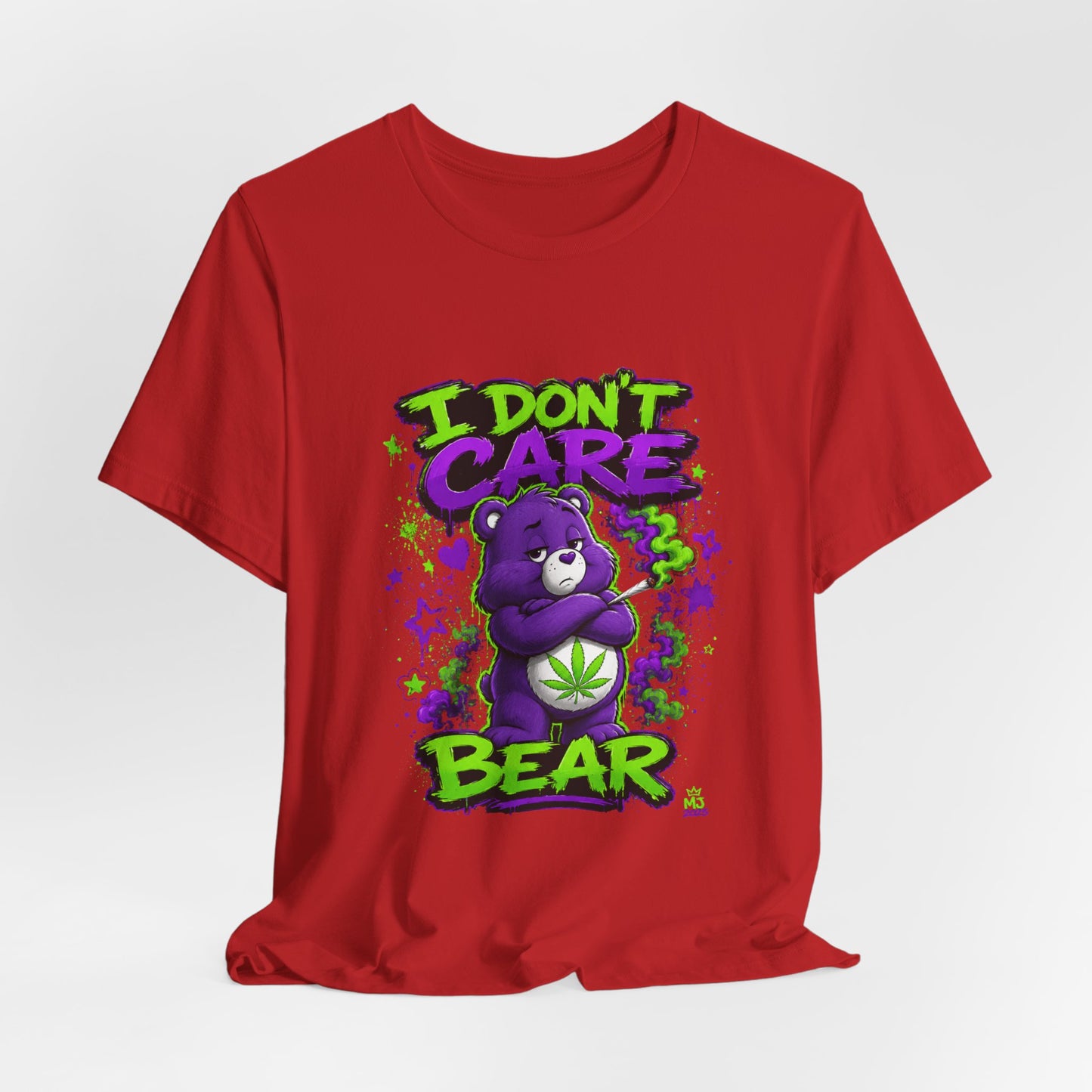 I Don't Care Bear Cannabis Graphic T-Shirt | Funny 420 Streetwear Tee | Purple Neon Stoner Shirt