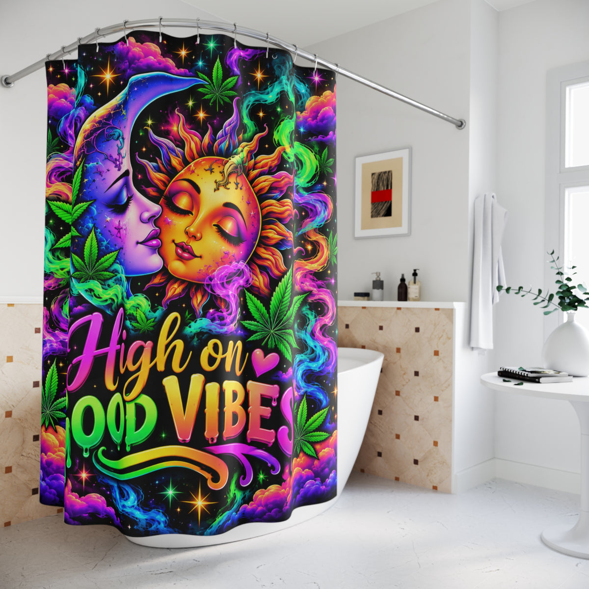 Shower Curtain — 'High on Good Vibes' Psychedelic Sun & Moon Cannabis Design Printify