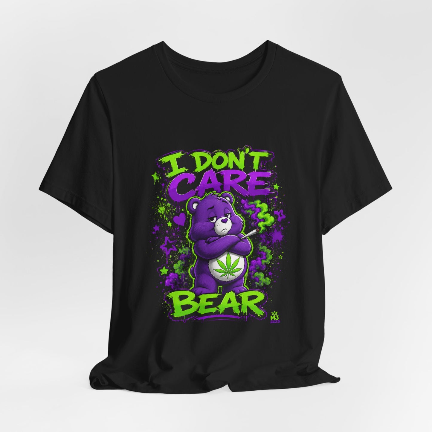 I Don't Care Bear Cannabis Graphic T-Shirt | Funny 420 Streetwear Tee | Purple Neon Stoner Shirt
