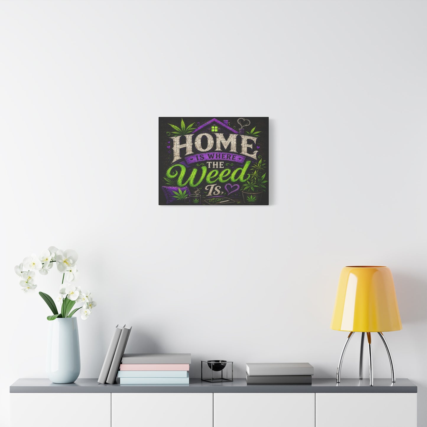 Home Is Where the Weed Is Canvas Wall Art | Rustic Cannabis Home Decor | Funny Stoner Wall Sign | Purple & Green Weed Lover Gift | 20x16 Canvas