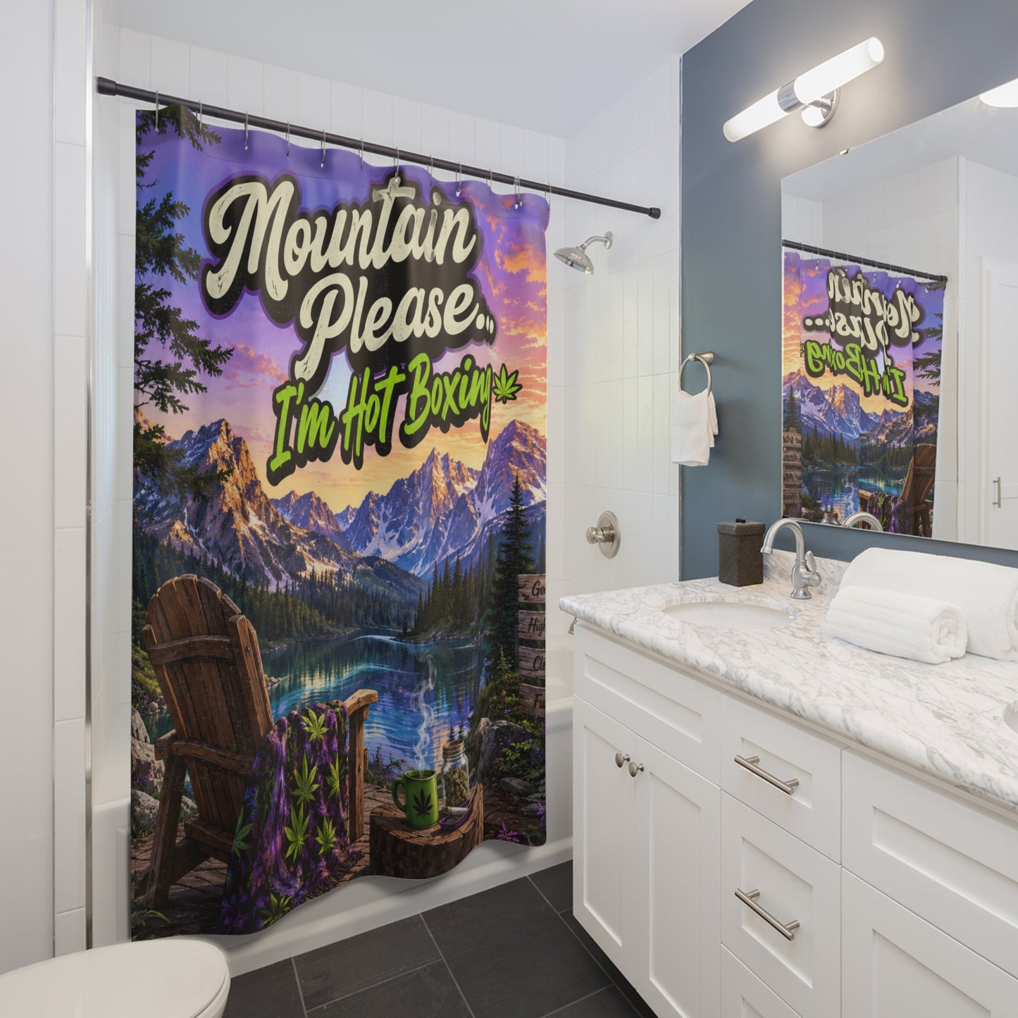 Mountain Please I'm Hot Boxin Shower Curtain — Scenic Cannabis Cabin Bathroom Decor
