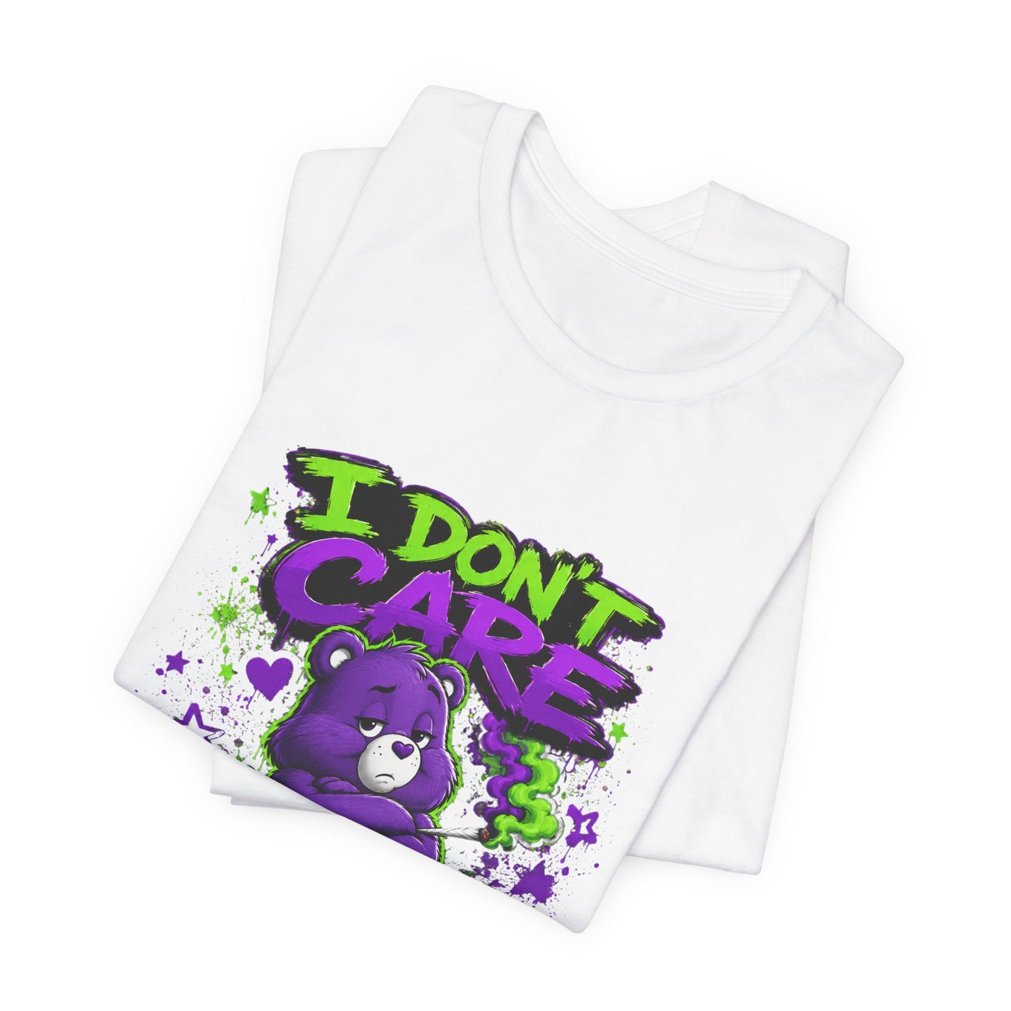 I Don't Care Bear Cannabis Graphic T-Shirt | Funny 420 Streetwear Tee | Purple Neon Stoner Shirt