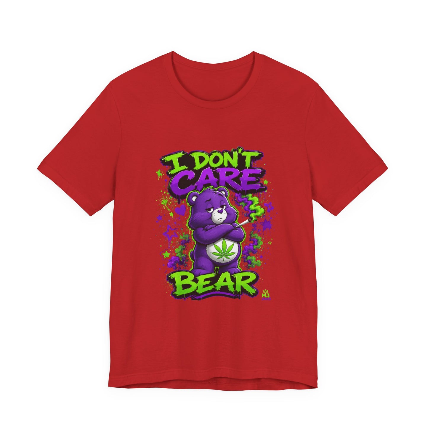 I Don't Care Bear Cannabis Graphic T-Shirt | Funny 420 Streetwear Tee | Purple Neon Stoner Shirt