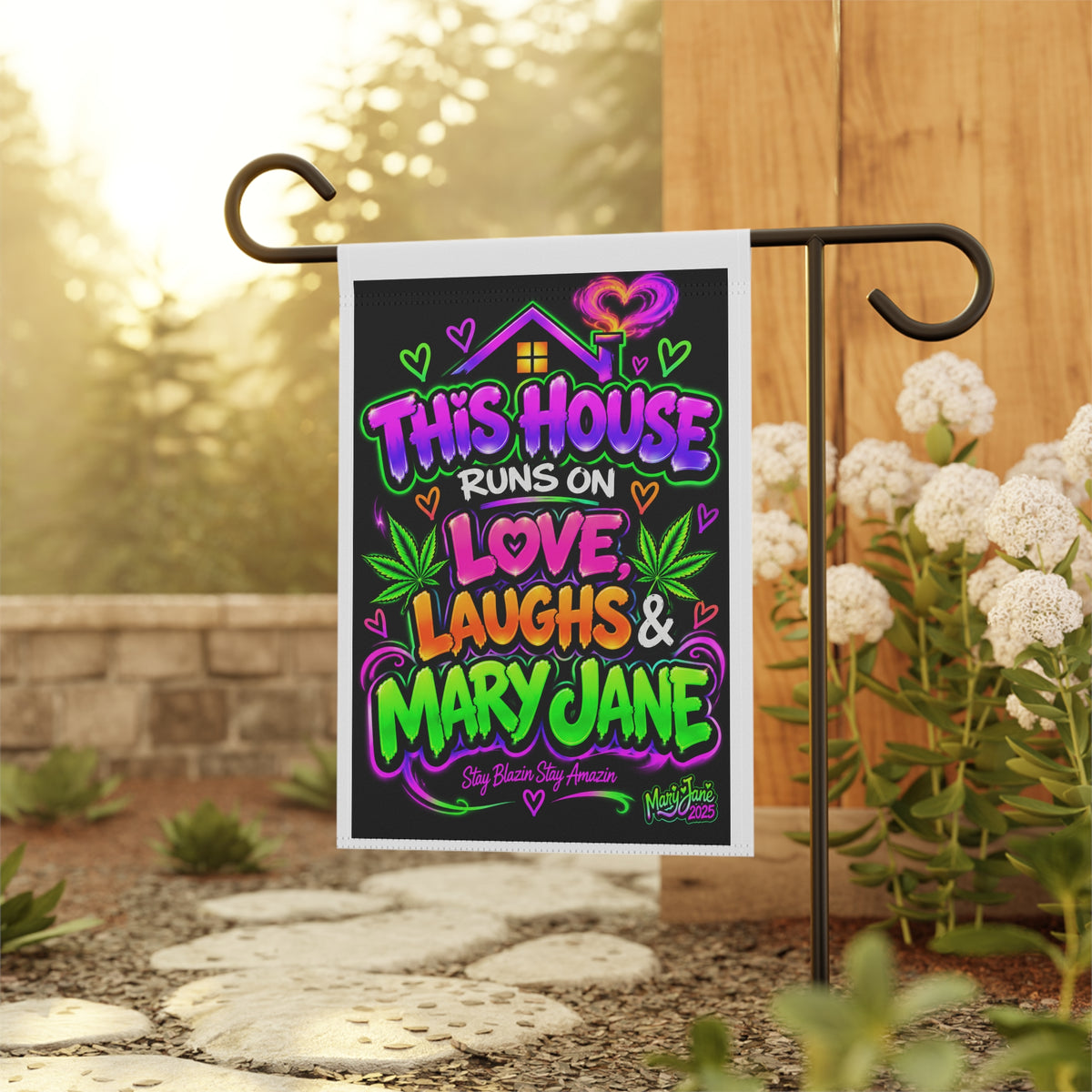 Garden Flag — "This House Runs on Love, Laughs & Mary Jane" Neon Cannabis Decor Printify