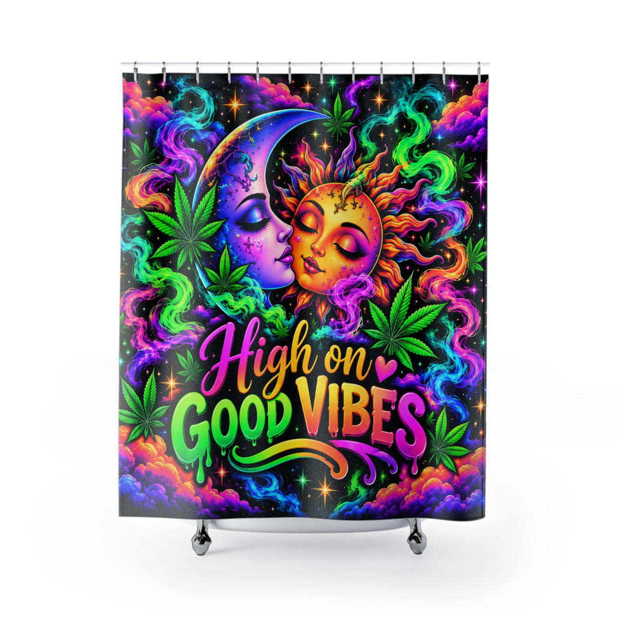 Shower Curtain — 'High on Good Vibes' Psychedelic Sun & Moon Cannabis Design Printify
