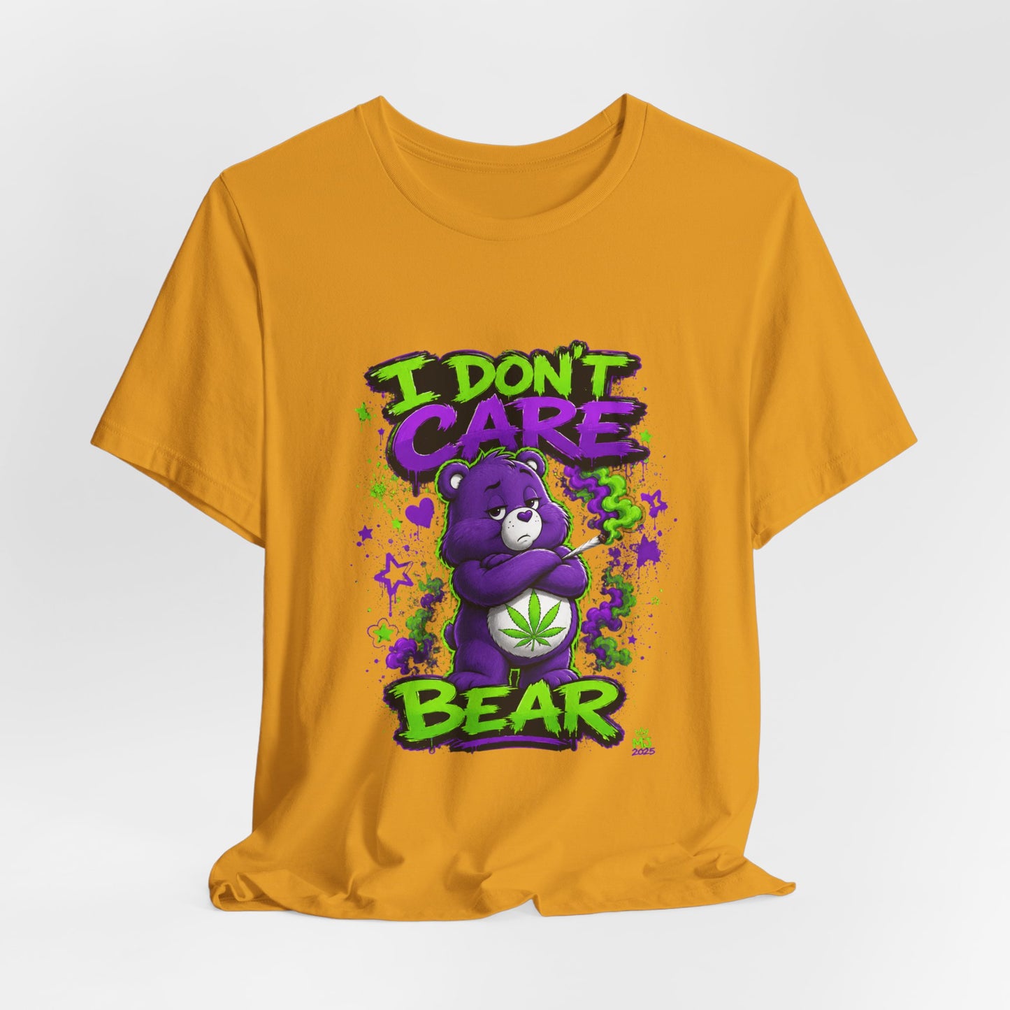 I Don't Care Bear Cannabis Graphic T-Shirt | Funny 420 Streetwear Tee | Purple Neon Stoner Shirt
