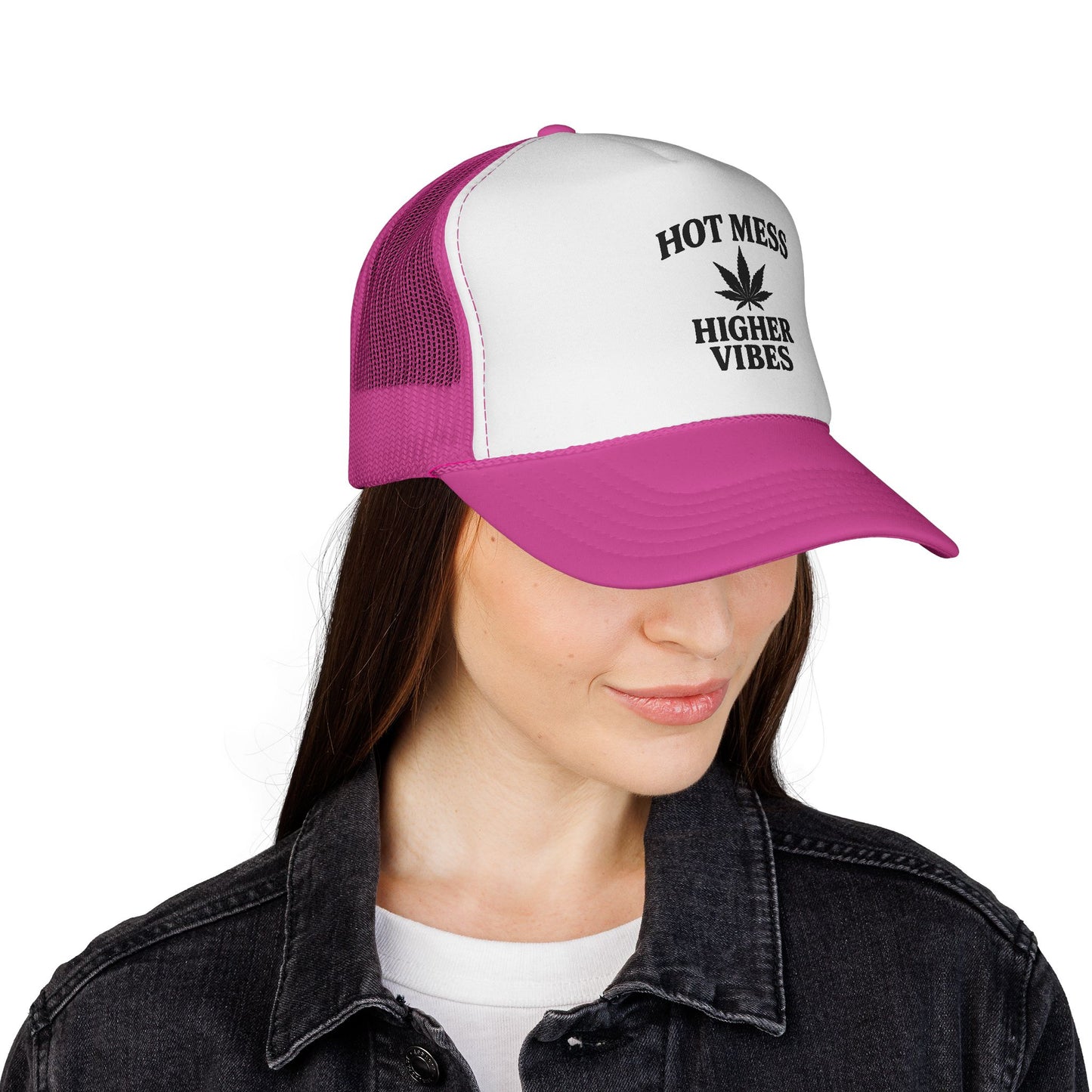 Hot Mess Higher Vibes Trucker Hat | Funny Stoner Mesh Cap | Cannabis Leaf Snapback | 420 Gift for Her & Him