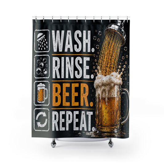 Wash Rinse Beer Repeat Shower Curtain | Funny Beer Lover Bathroom Decor | Man Cave Bath Curtain | Rustic Pub Bathroom Gift