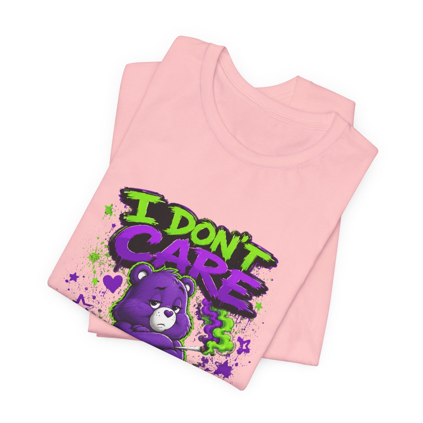 I Don't Care Bear Cannabis Graphic T-Shirt | Funny 420 Streetwear Tee | Purple Neon Stoner Shirt