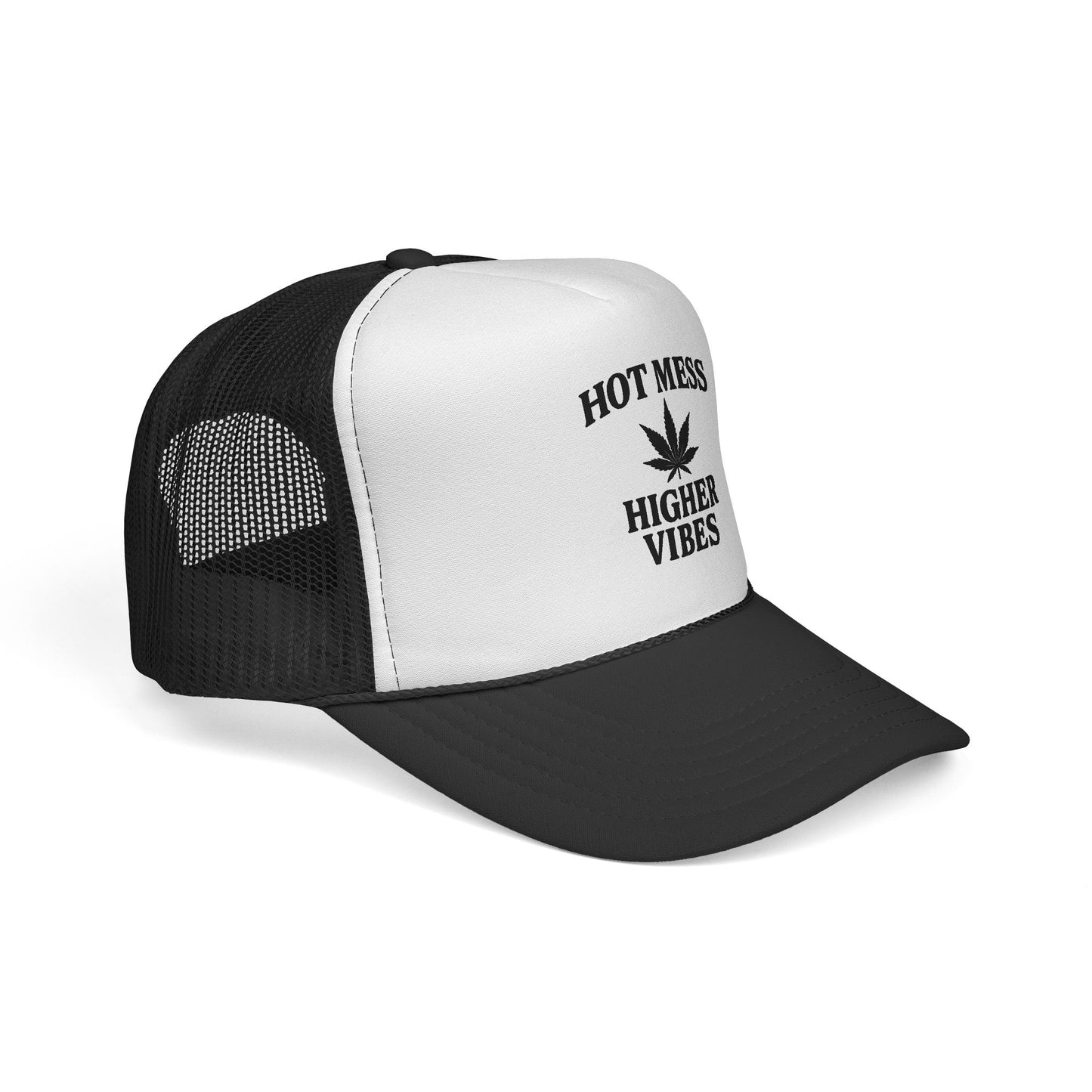 Hot Mess Higher Vibes Trucker Hat | Funny Stoner Mesh Cap | Cannabis Leaf Snapback | 420 Gift for Her & Him