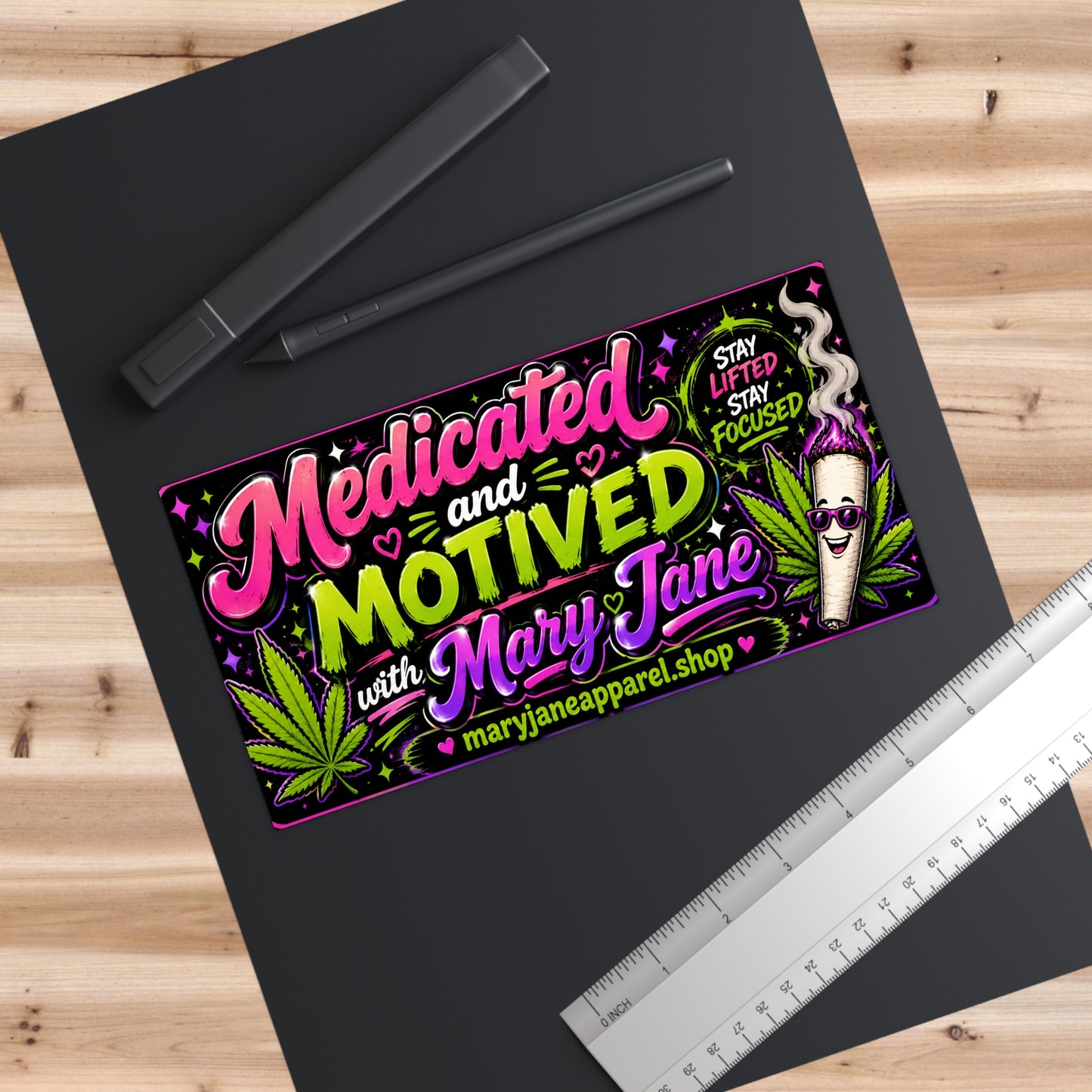 Medicated and Motivated with Mary Jane Bumper Sticker | Funny 420 Car Decal | Bright Neon Cannabis Sticker 7.5x3.75