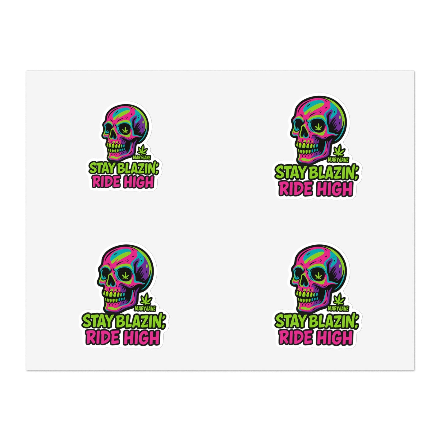 Mary-Jane “Stay Blazin’, Ride High” Neon Skull Bumper Sticker – Graffiti Vibes for Bold Cannabis Lovers, Vibrant Sticker Sheet Bundle | Stay Blazin Ride High, Vinyl Decals for Decor, Journals, Laptops, Festival Gear, Gifts