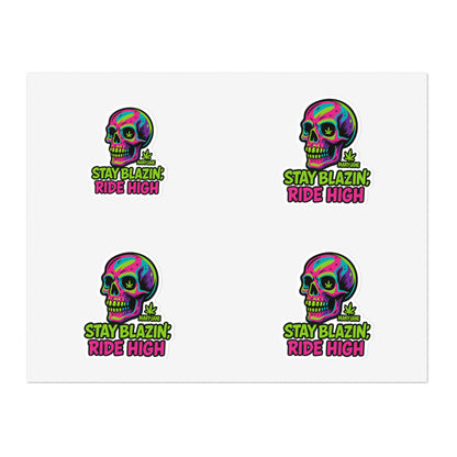 Mary-Jane “Stay Blazin’, Ride High” Neon Skull Bumper Sticker – Graffiti Vibes for Bold Cannabis Lovers, Vibrant Sticker Sheet Bundle | Stay Blazin Ride High, Vinyl Decals for Decor, Journals, Laptops, Festival Gear, Gifts
