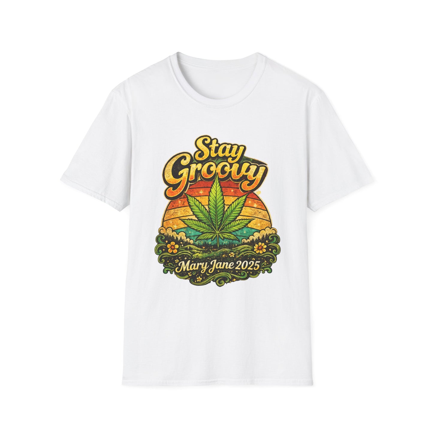Stay Groovy Retro Cannabis T-Shirt – Vintage 70s Psychedelic Weed Sunset Graphic Tee – Mary Jane 2025 Unisex Shirt