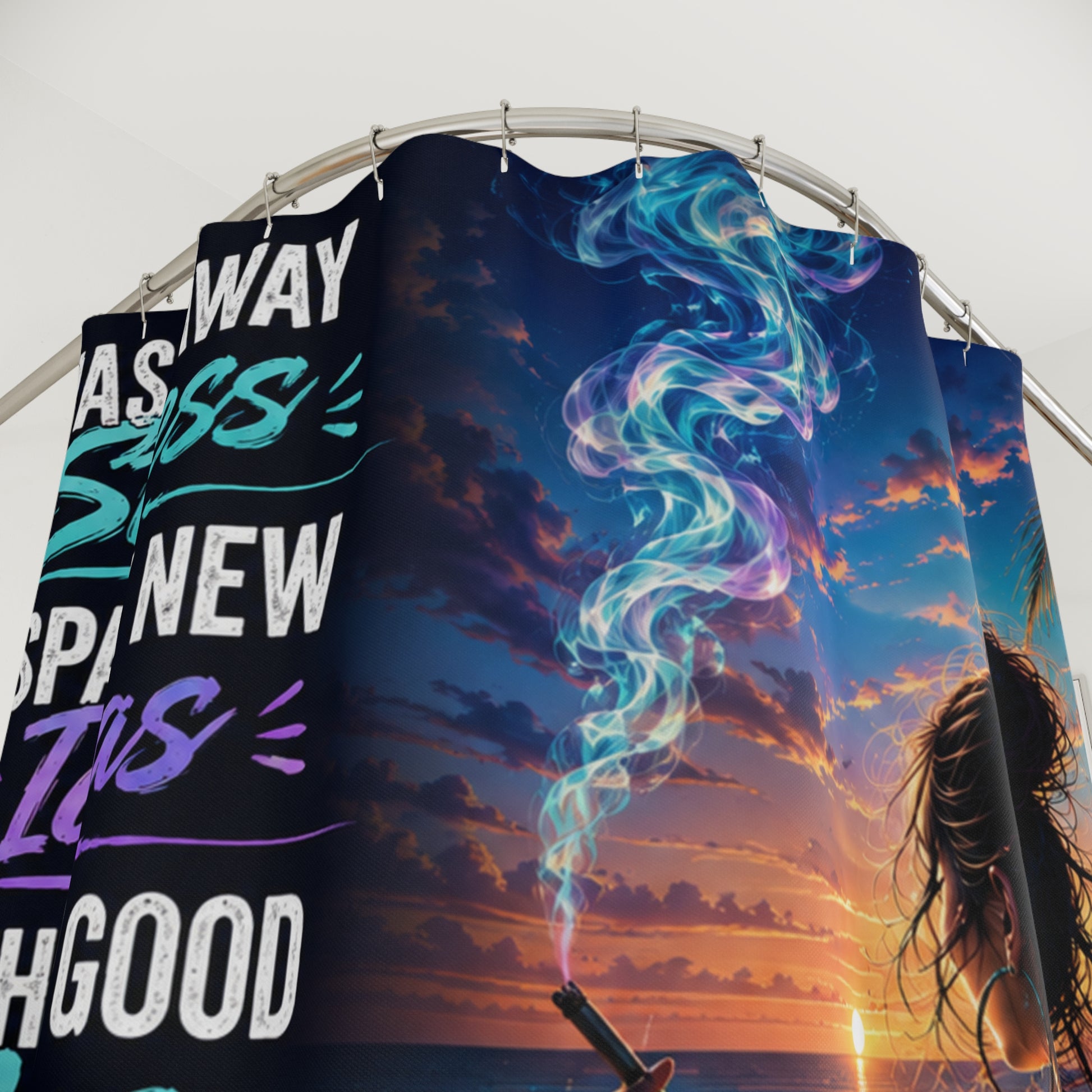 Ocean Sunset Shower Curtain with Motivational Quotes | Coastal Bathroom Decor | Beach Vibes Bath Curtain | Relaxation Gift Printify