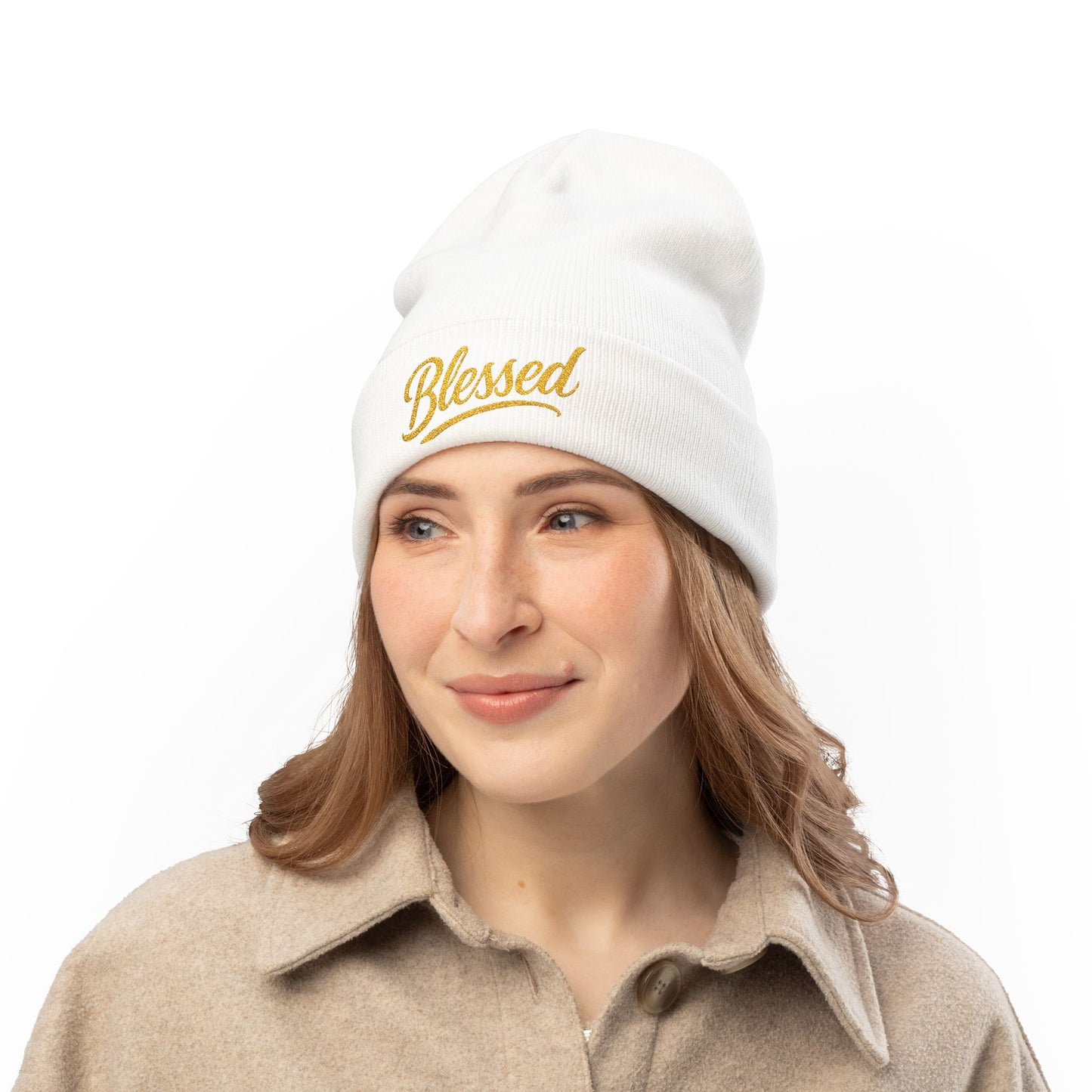 Blessed Gold Lettering Embroidered Beanie | Inspirational Winter Hat