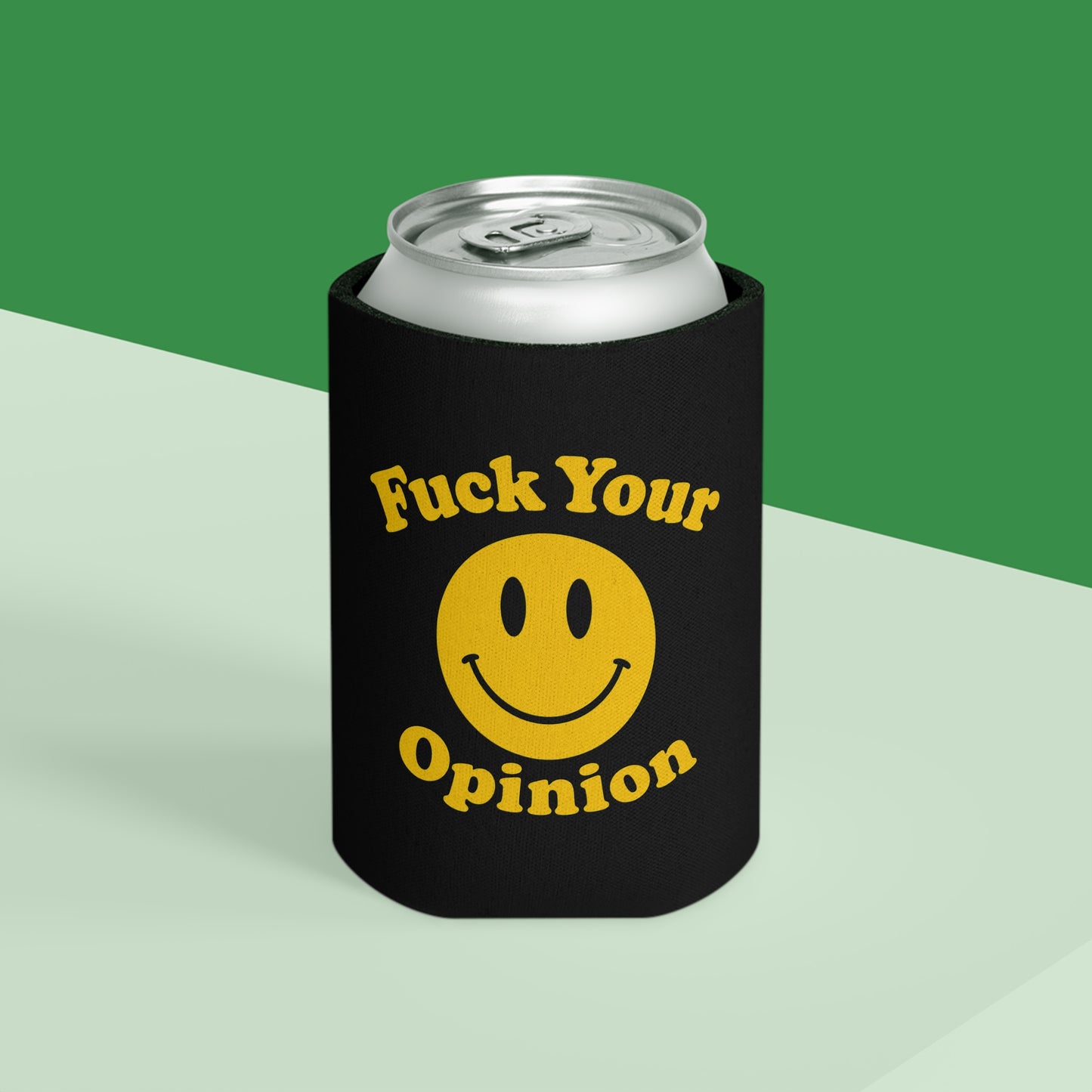Funny Can Cooler Koozie – “Fuck Your Opinion” Smiley Face Beer Sleeve | Sarcastic Drink Insulator for Regular & Slim Cans