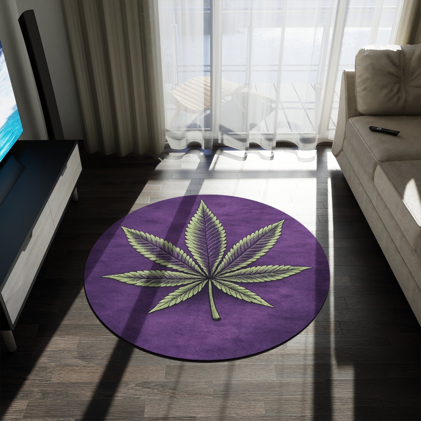 Round Rug - Green Cannabis Leaf on Purple Background