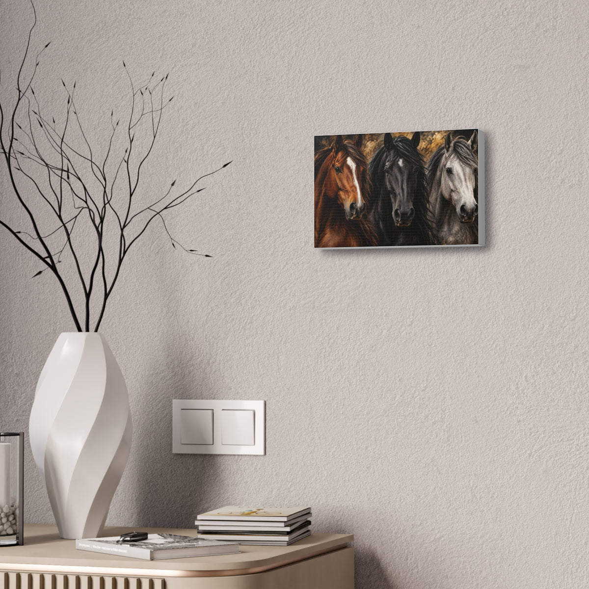 Kentucky Horse Canvas Wall Art – Three Horses, Blue Sky & Red Roses Equestrian Decor Printify