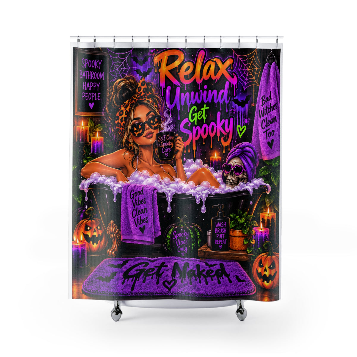 Spooky Self Care Halloween Shower Curtain – Purple & Orange Bathroom Decor Printify