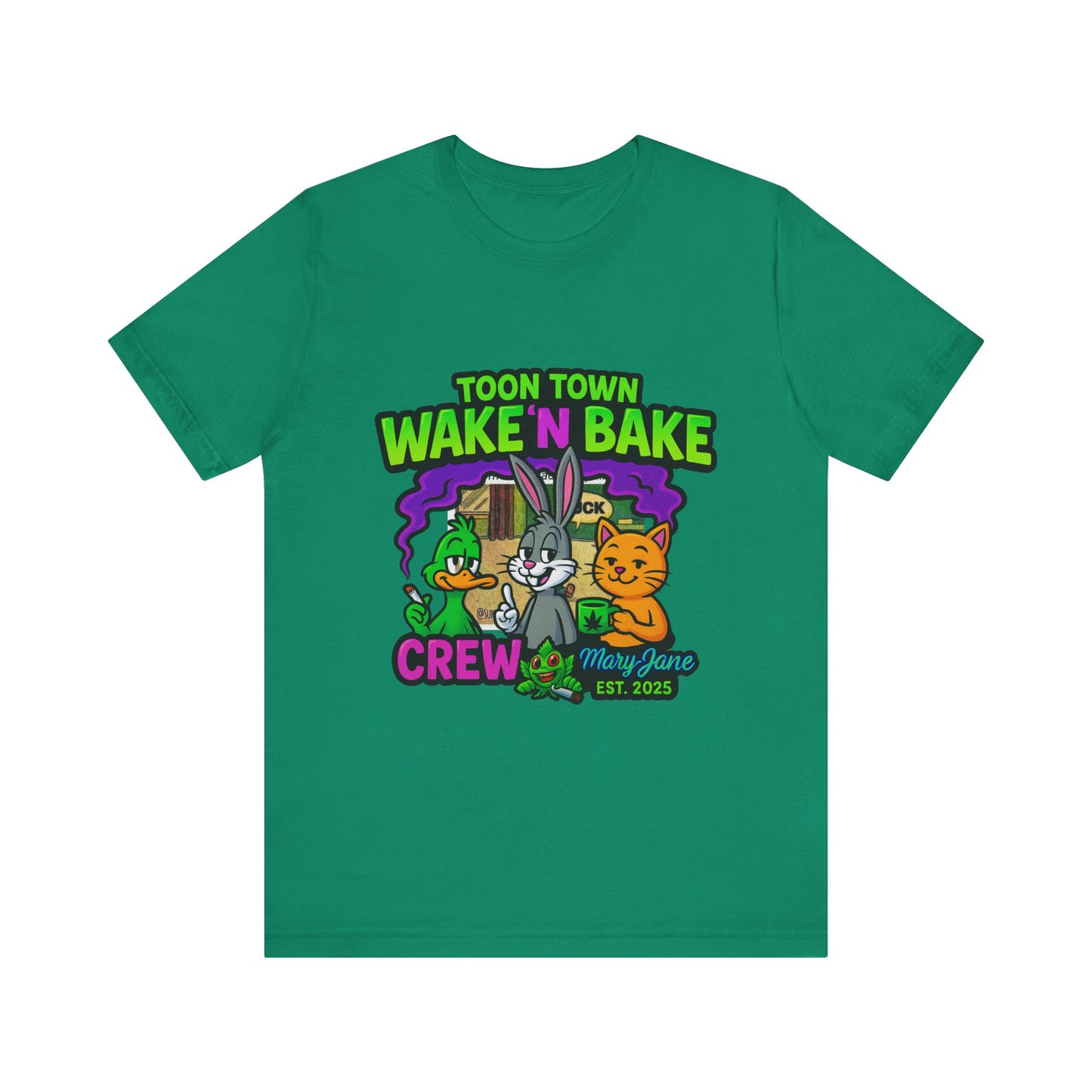 Toon Town Wake ’N Bake Crew T-Shirt | Funny Cartoon Stoner Tee by Mary-Jane EST. 2025