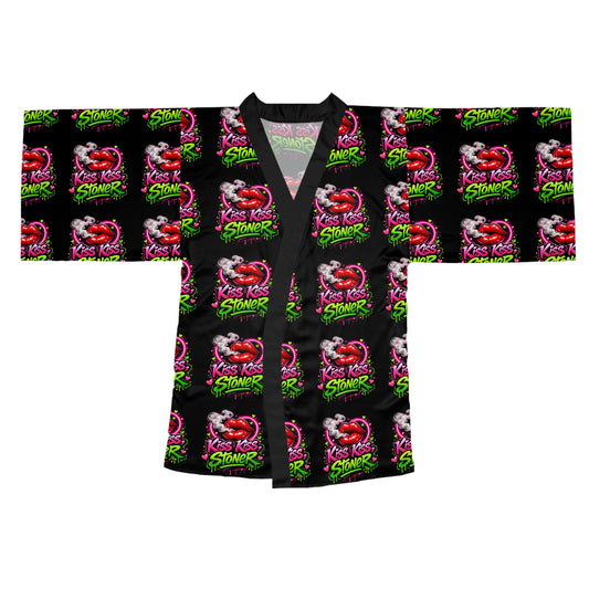Kiss Kiss Stoner Satin Robe – Cannabis Lounge Kimono, Cozy Street Art Sleepwear