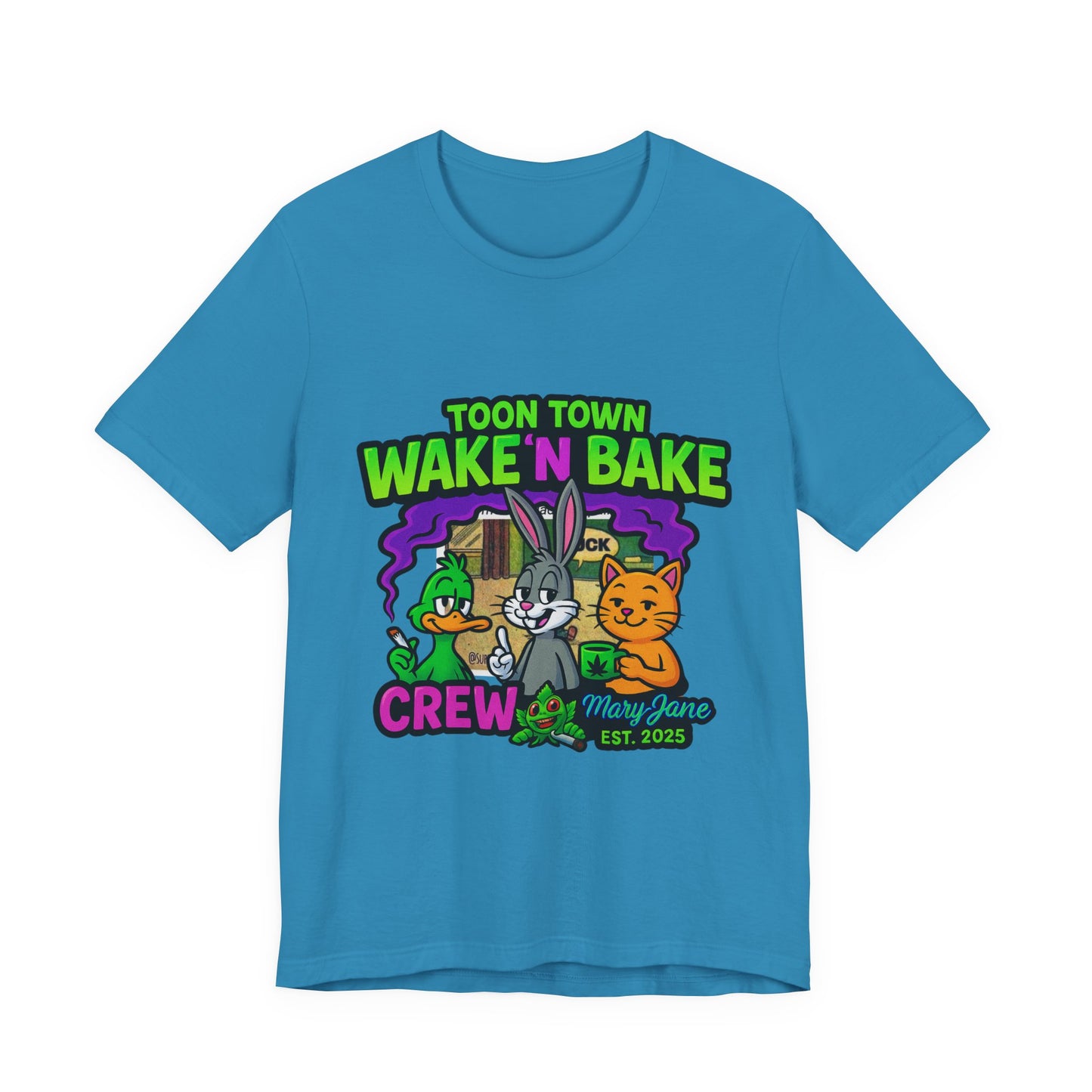 Toon Town Wake ’N Bake Crew T-Shirt | Funny Cartoon Stoner Tee by Mary-Jane EST. 2025