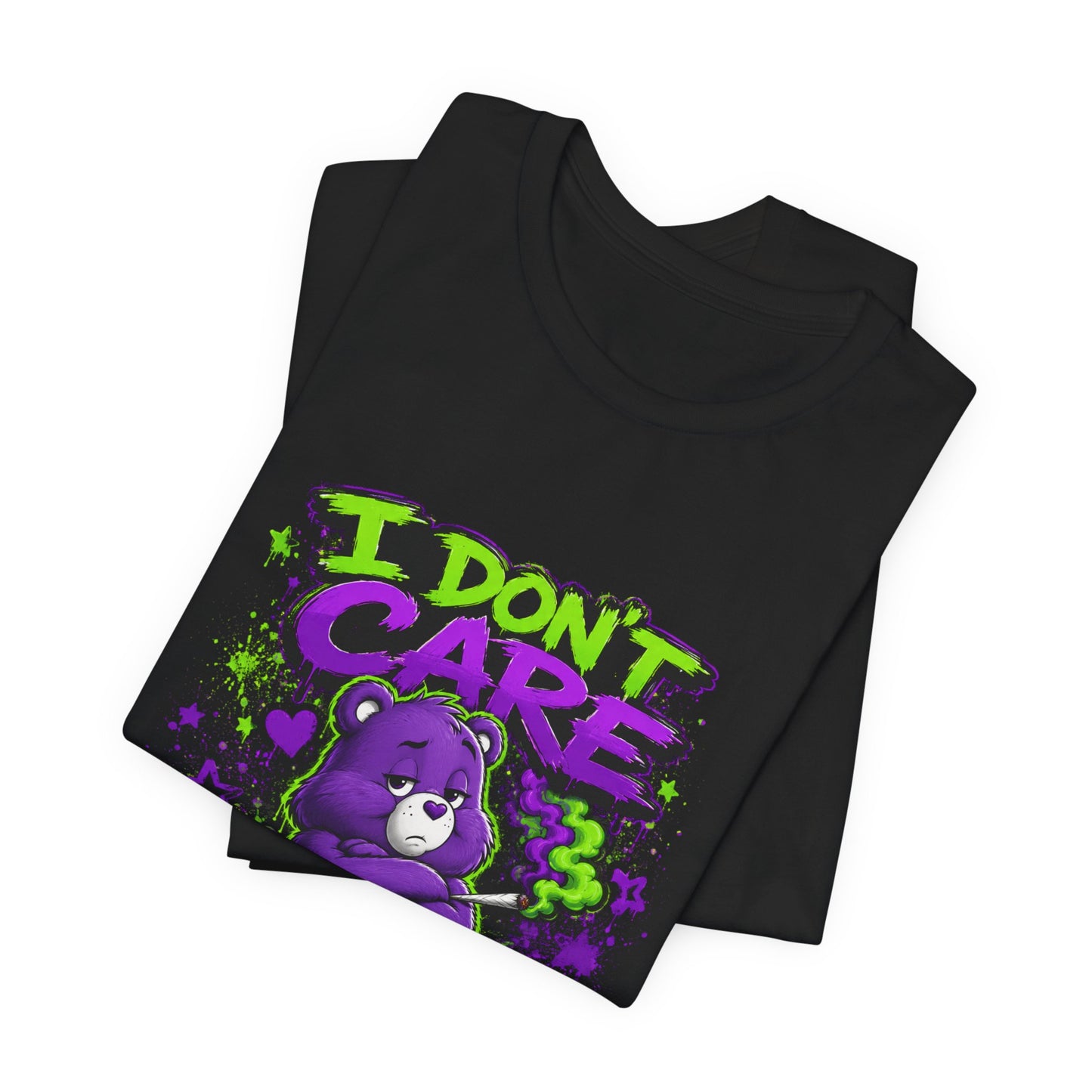 I Don't Care Bear Cannabis Graphic T-Shirt | Funny 420 Streetwear Tee | Purple Neon Stoner Shirt
