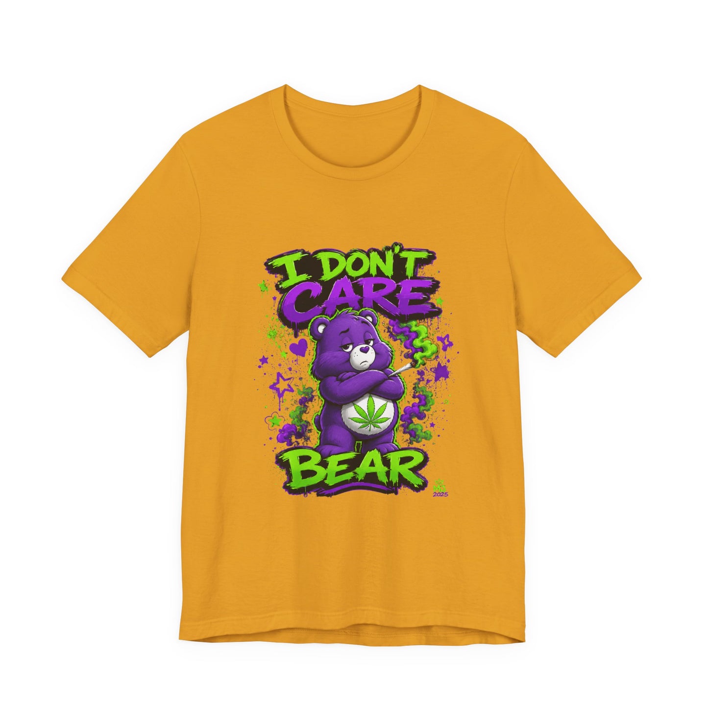 I Don't Care Bear Cannabis Graphic T-Shirt | Funny 420 Streetwear Tee | Purple Neon Stoner Shirt