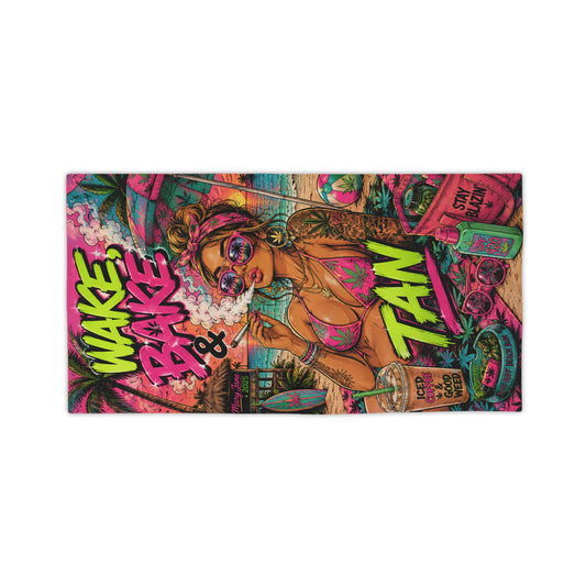 Wake Bake & Tan Beach Towel | Pot Girl Summer Towel | Neon Stoner Beach Towel | Mary Jane 2025