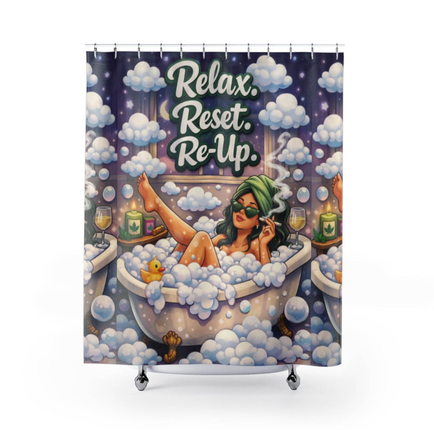 Relax Reset Re-Up Shower Curtain | Cannabis Bathroom Decor | Funny Stoner Bath Art | Mary Jane Weed Spa Curtain