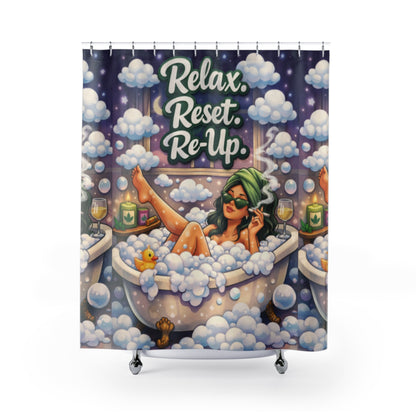 Relax Reset Re-Up Shower Curtain | Cannabis Bathroom Decor | Funny Stoner Bath Art | Mary Jane Weed Spa Curtain