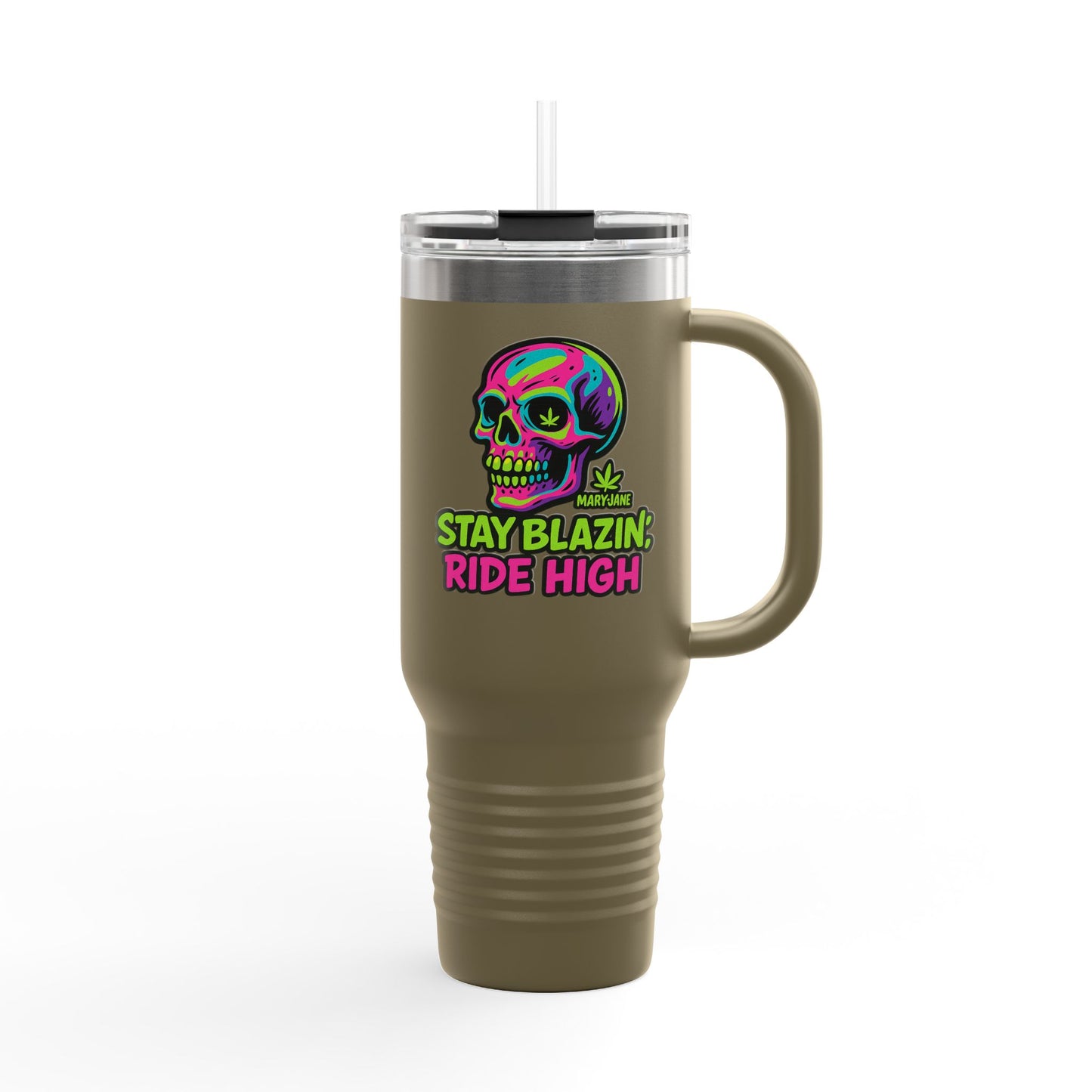 Insulated Travel Mug, Stay Blazin' Ride High Skull Design, 40oz Coffee Cup, Perfect for Cannabis Lovers, Fun Gift for Birthdays, Road Trips