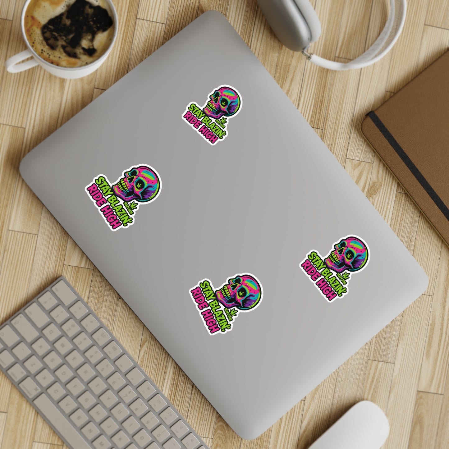 Mary-Jane “Stay Blazin’, Ride High” Neon Skull Bumper Sticker – Graffiti Vibes for Bold Cannabis Lovers, Vibrant Sticker Sheet Bundle | Stay Blazin Ride High, Vinyl Decals for Decor, Journals, Laptops, Festival Gear, Gifts