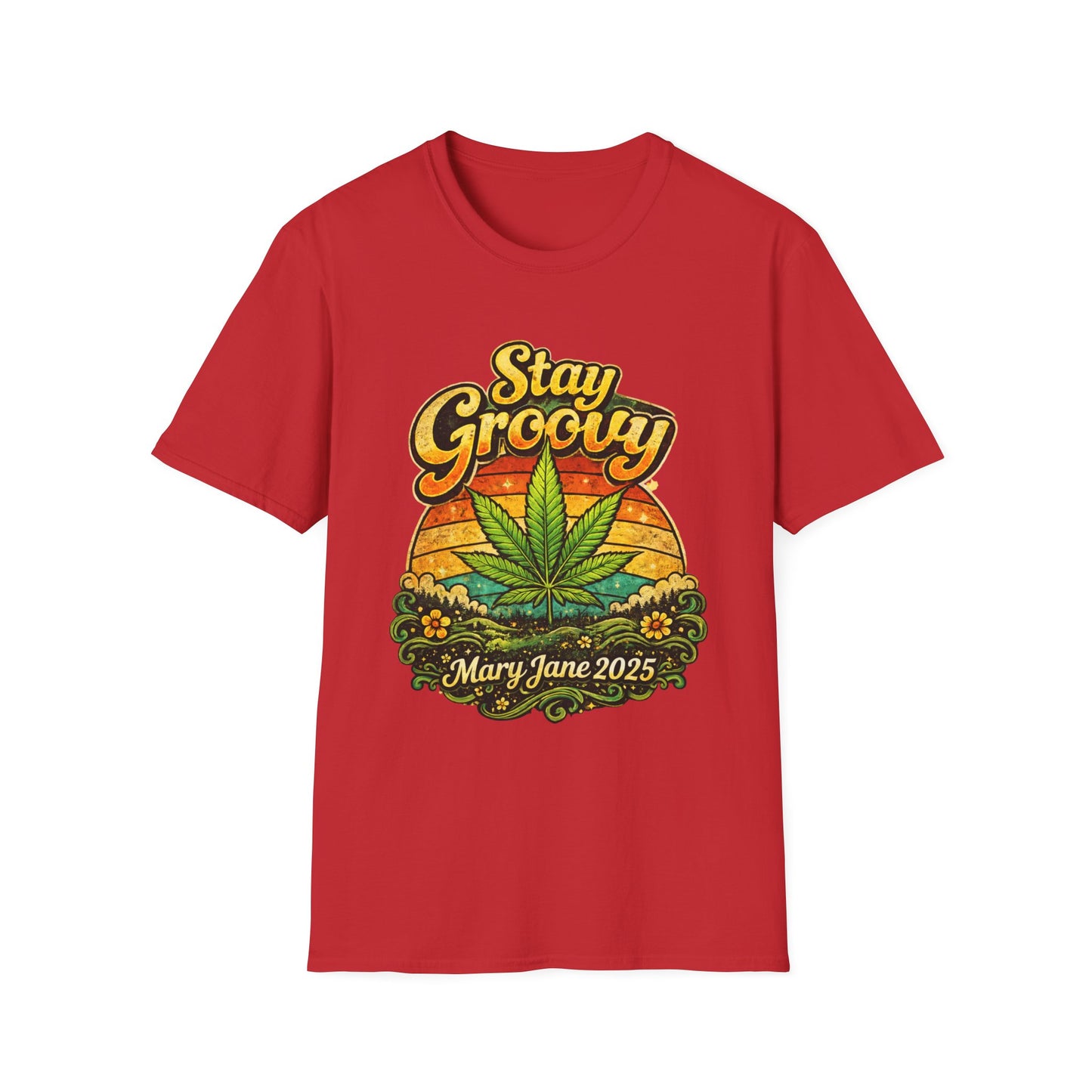Stay Groovy Retro Cannabis T-Shirt – Vintage 70s Psychedelic Weed Sunset Graphic Tee – Mary Jane 2025 Unisex Shirt